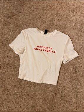 SHEIN White Tee with Red 'Hot Girls Drink Tequila' Graphic
